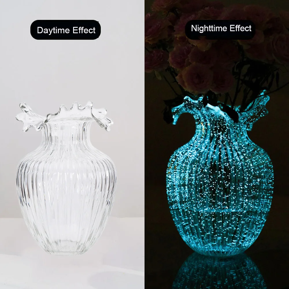 Glow-in-the-Dark Ripple Glass Vase | Handmade Hydroponic Floral Decor | INS Style Fluorescent Vase | Minimalist Home Ornament