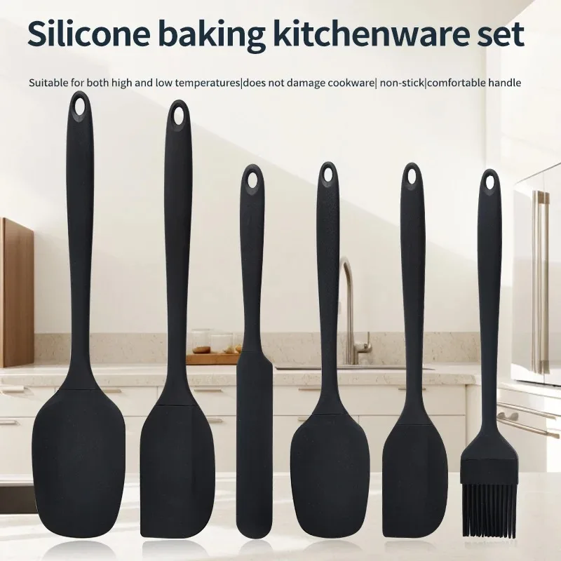 6-Piece Silicone Kitchen Utensils Set with Integrated Cream Scraper Spatula And Oil Brush - Non-Stick Scraper Set