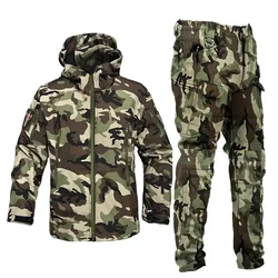 2024 Tactical Winter Set Men's Outdoor Windproof Waterproof Suit Multi-Pocket Soft Shell Hooded Jackets Hunting Work Pants Suit