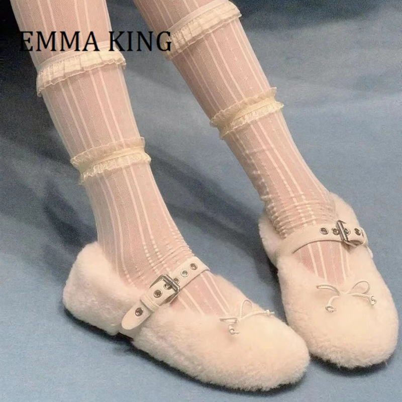 

Sweet Girl Wool Fur Flat Ballet Shoes Round Toe Buckle Strap Mary Jane Ballerina Flats Bow Decor Autumn Winter Fluffy Shoe