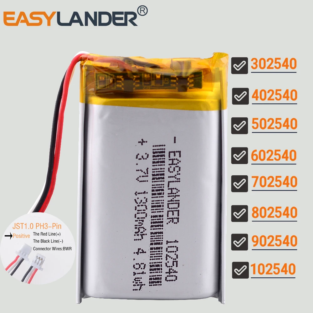 JST SH1.0mm 3Pin 3.7V 1300mAh 102540 Lithium Li-ion Lipo Polymer Battery 302540 402540 502540 602540 702540 802540 902540