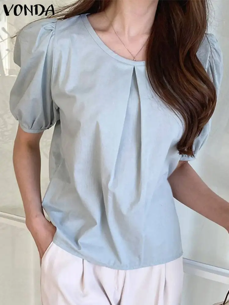 VONDA Women Tunic Tops 2024 Summer Elegant Blouse Fashion Casual Short Puff Sleeve Solid Color Shirts Loose Blusas Femininas