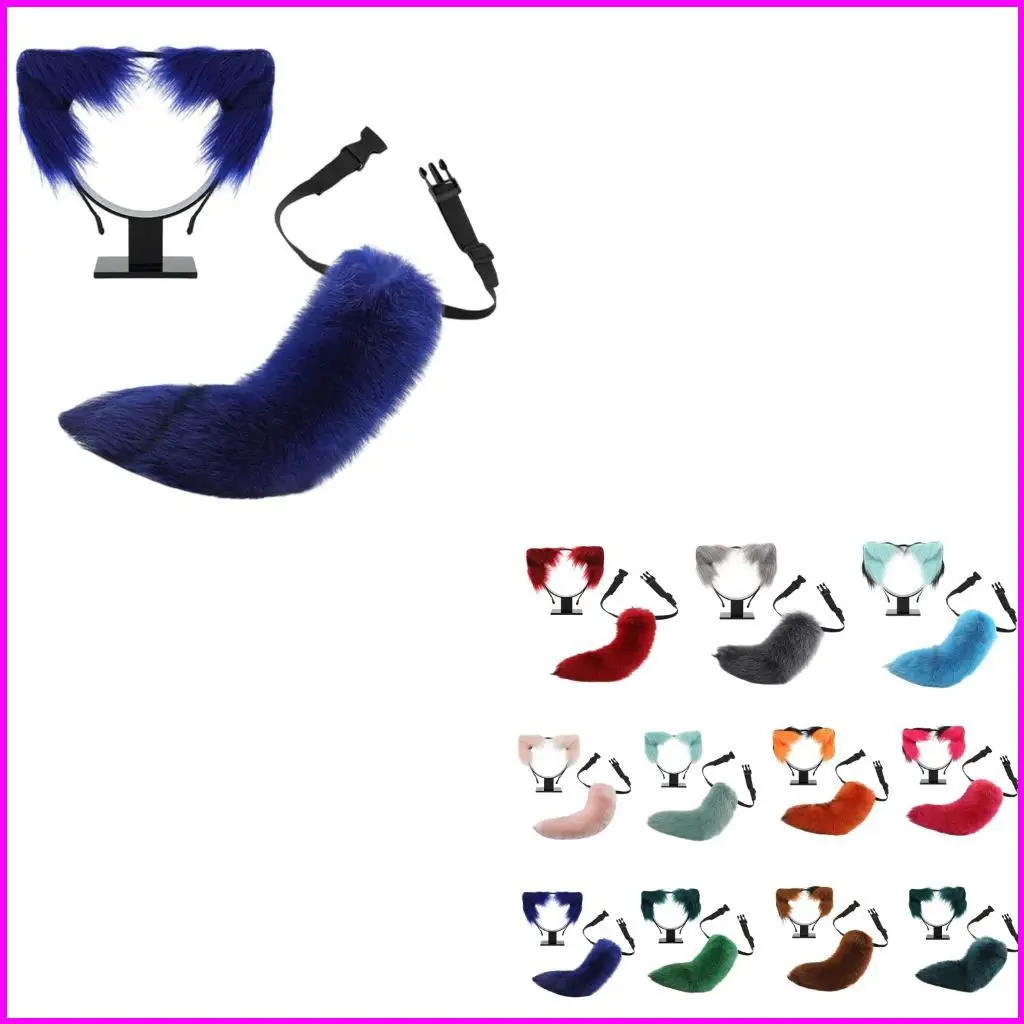 

2Pcs Animal Cosplay Costume Fauxs Furs Wolf Cats Foxes Tail and Cats Ears Headbands Halloween Party Costume Accessories