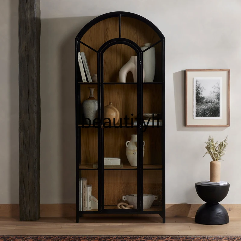 

American-style Light Luxury Solid Wood Bookcase Simple Arched Design with Glass Door Display Cabinet Vintage Wine Cabinet