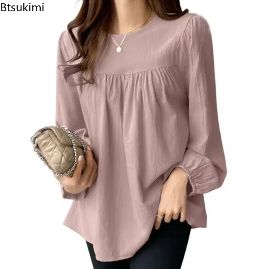 2024 Fashion Elegant Solid Blouse for Women Long Sleeve O-neck Casual Office Lady Tops Simple Loose Plus Size Shirt Blusas Mujer