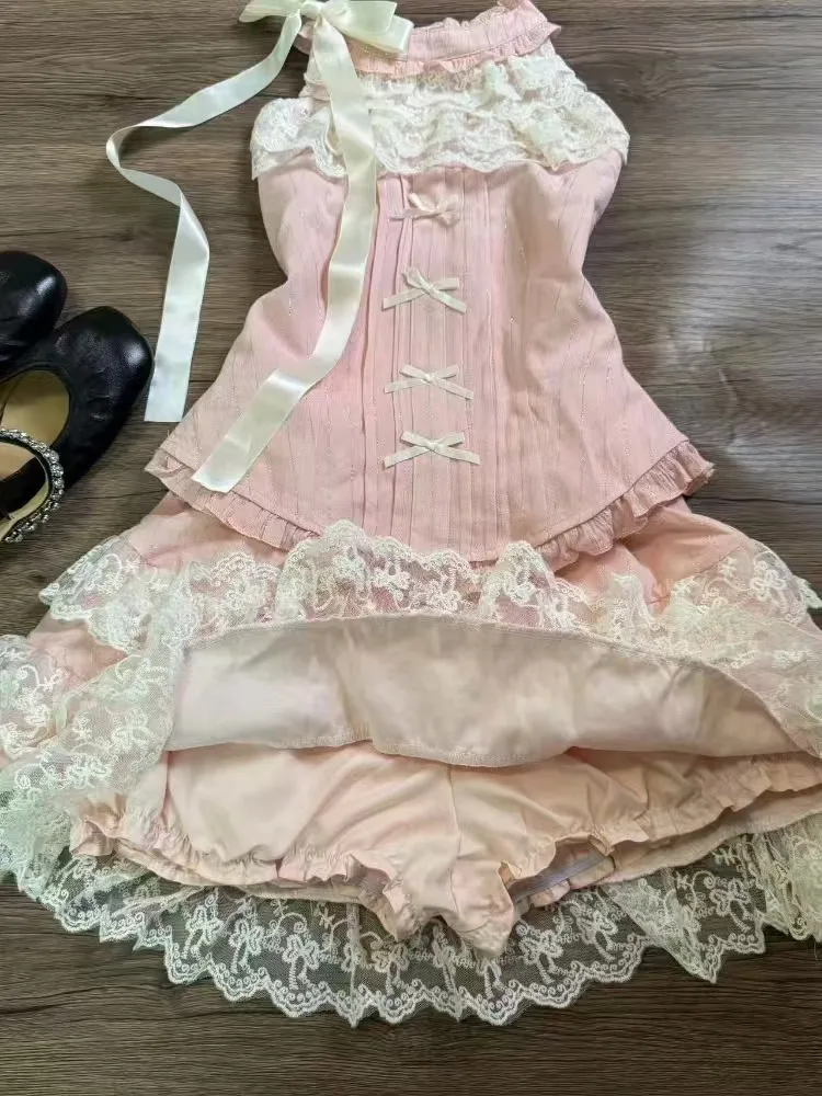 Y2k Japanese Sweet Kawaii 2 Piece Set Women Bow Lace Slim Tops Vest Fluffy Cake Mini Skirt Suits Summer Cute Dresses Cute Sets