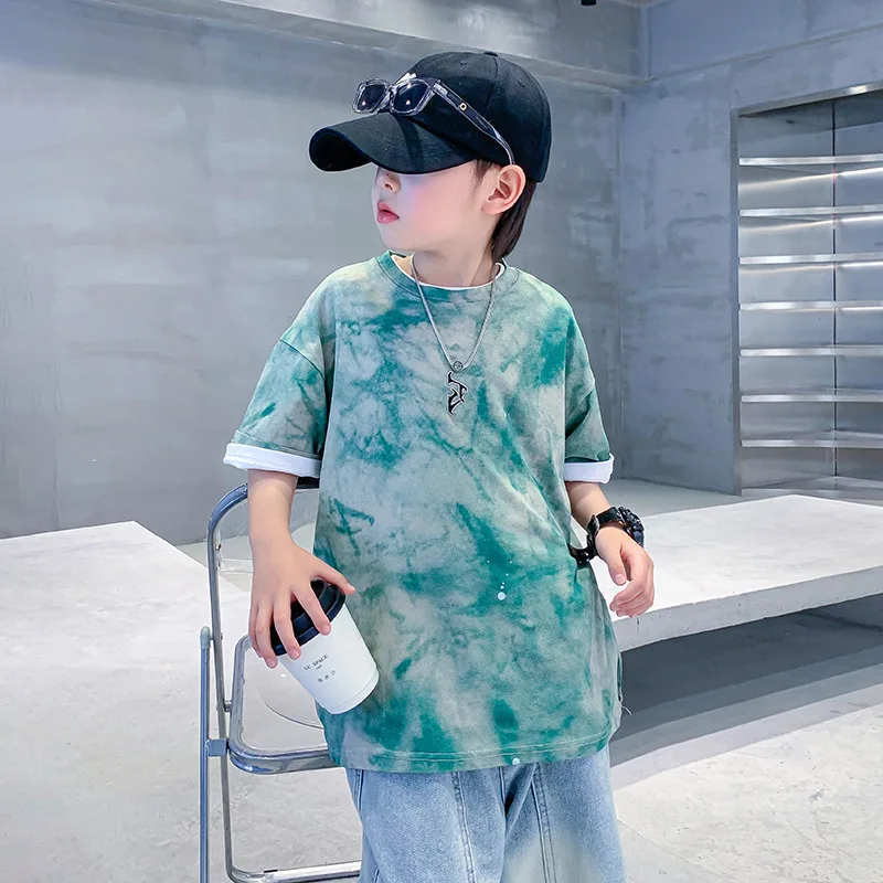 

Boy Summer Clothing Tie-Dyed Short-Sleeved Cotton LooseTT-shirt2024New Children's Boys' Summer Fried Street Half Sleeve Top