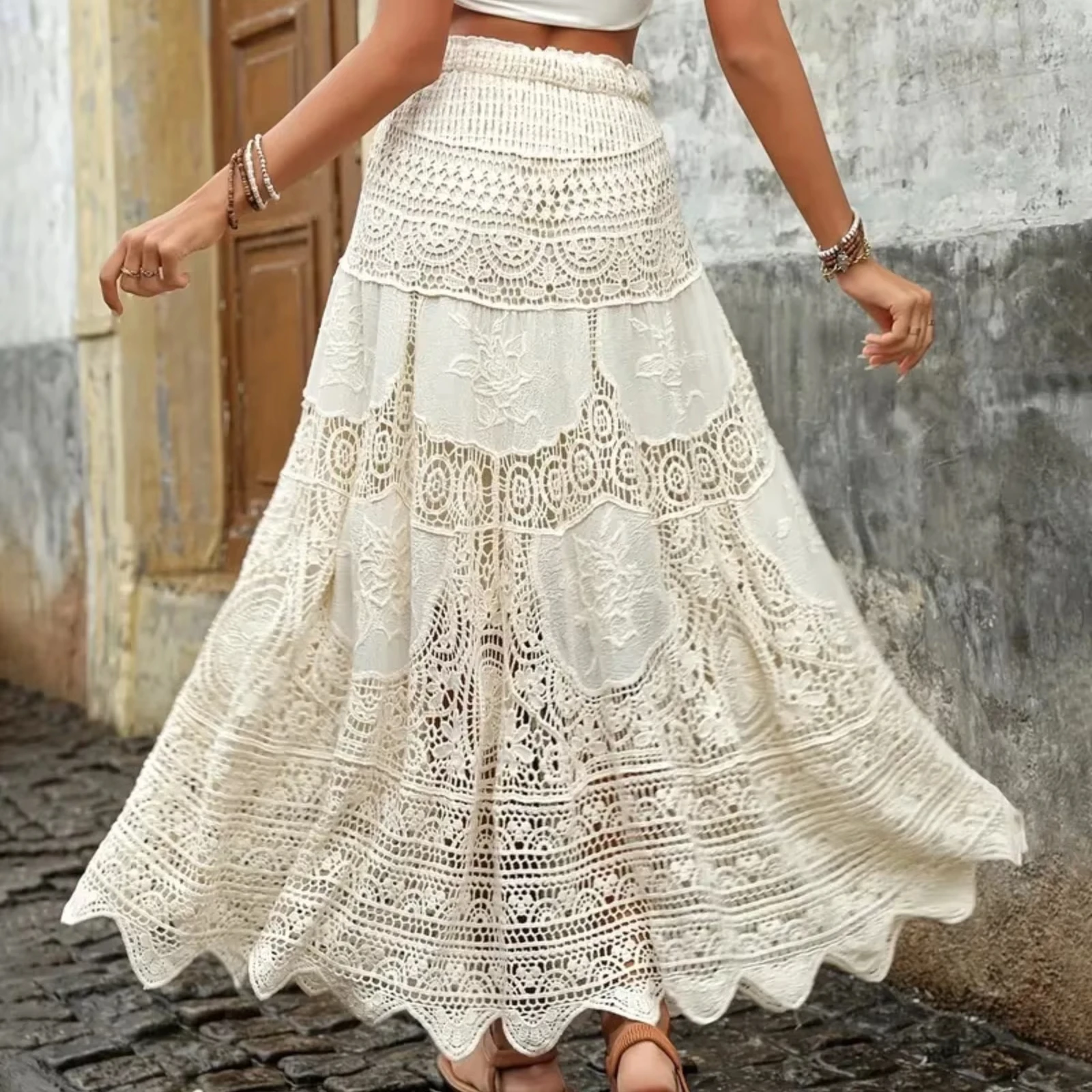 Summer Lace Flower Beach Skirts Women A-line Maxi Skirt Long Crochet Boho Flowy Skirt for Beach Holiday Outfits