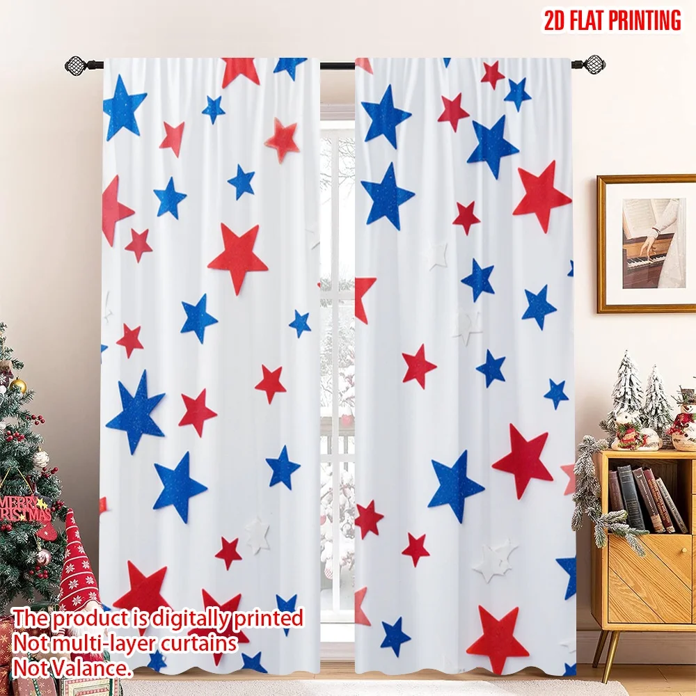 

2pcs 2D flat printing Scene Curtain Stars Confetti Red Blue White Digital Printed Polyester Drapes Holiday Decorations Perfect