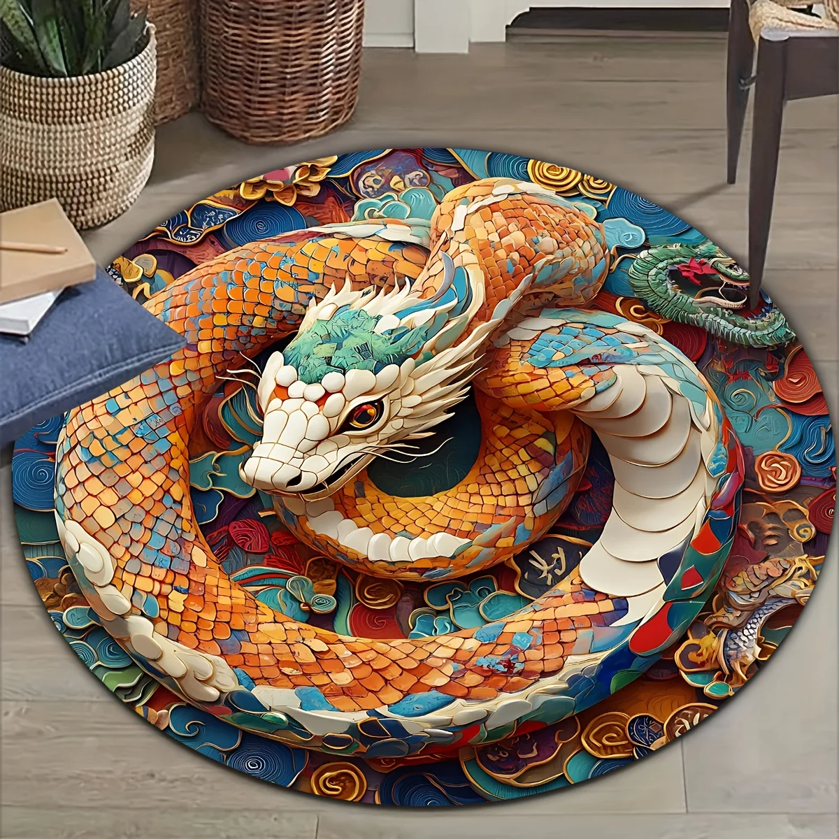 Flannel Printed Round Rug With Chinese Dragon Design For Home Decor Soft Floor Mat Mythical Art Theme Cultural Style