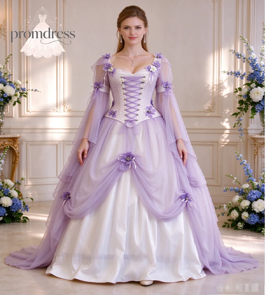 Lavender Rococo Celtic Prom Dress Flared Bell Long Sleeves 3D Purple Flower Draped Tulle Fairy Cinderella Evening Gowns Medieval