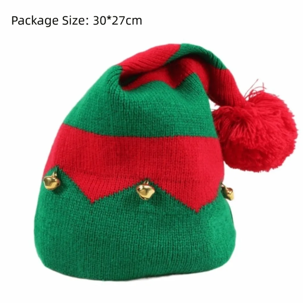 Créatif avec pompon noël tricoté bonnets chapeaux chaud tricot rouge vert couleur noël rayure chapeau avec cloches Crochet casquette cadeau