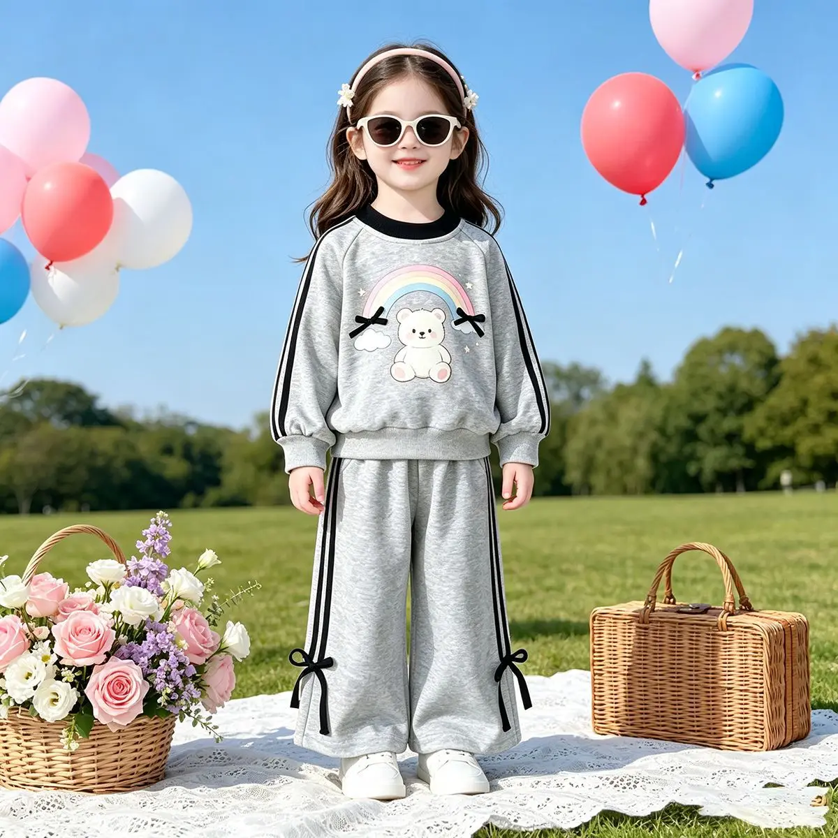 Mädchen-Sweatshirt mit Schleifendetail und Cartoon-Katze & Weite Hose – Süßes 2-teiliges Herbst-Set für Babys – Detail 1
