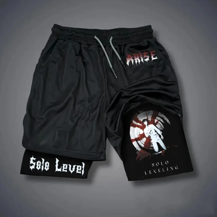 Novedad de verano para hombre, pantalones cortos 2 en 1 con estampado de nivelación individual de cómic para entrenamiento físico, pantalones cortos dobles transpirables absorbentes del sudor con cordón