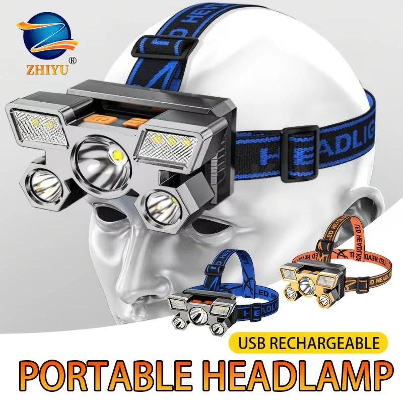 Ultra Bright Rechargeable 5 LED Headlamp Powerful Head Flashlight for Fishing Camping Hunting Hiking Trail Running & Outdoor Use
