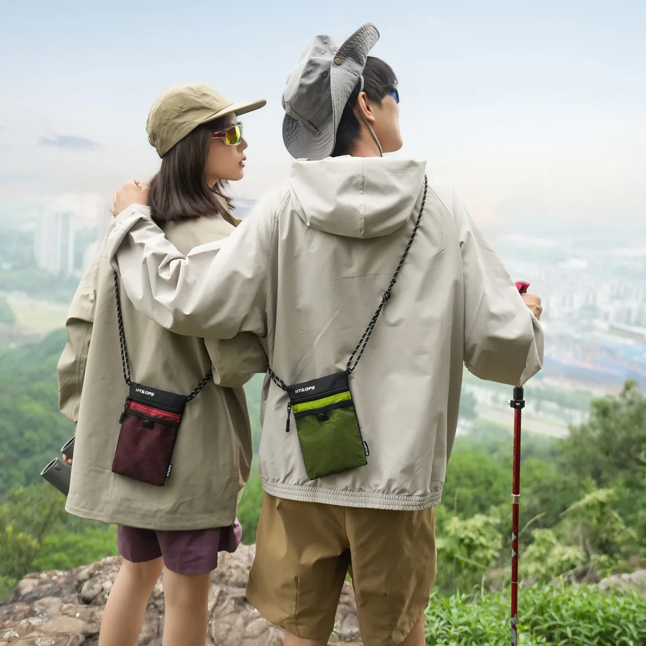 Unisex Outdoor Mini Crossbody Bag with Braided Cord Strap Color-Block Nylon Phone Pouch with Mesh Pocket for Hiking Travel