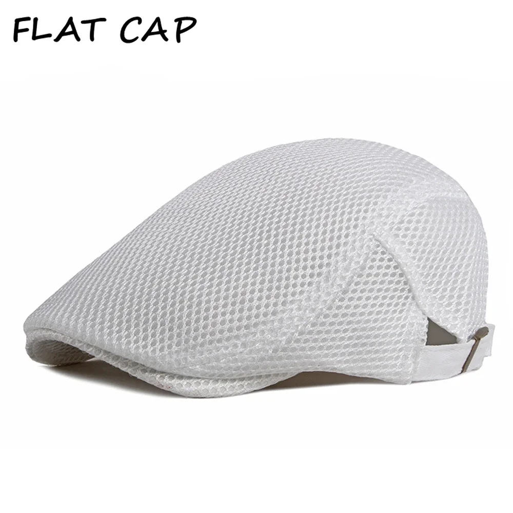 

FLAT CAP Men Summer Beret Hat Adjustable Breathable Mesh Newsboy Peaked Cap Male Retro Artist Golf Driving Sun Hat Hollow Out