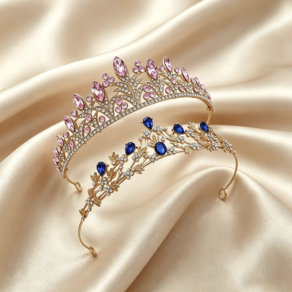 2 Pack Leaf Rhinestone Gold Plated Crown Set Bridal Tiara Hair Accessory Elegant Royal Headwear Wedding Pageant Birthday Party