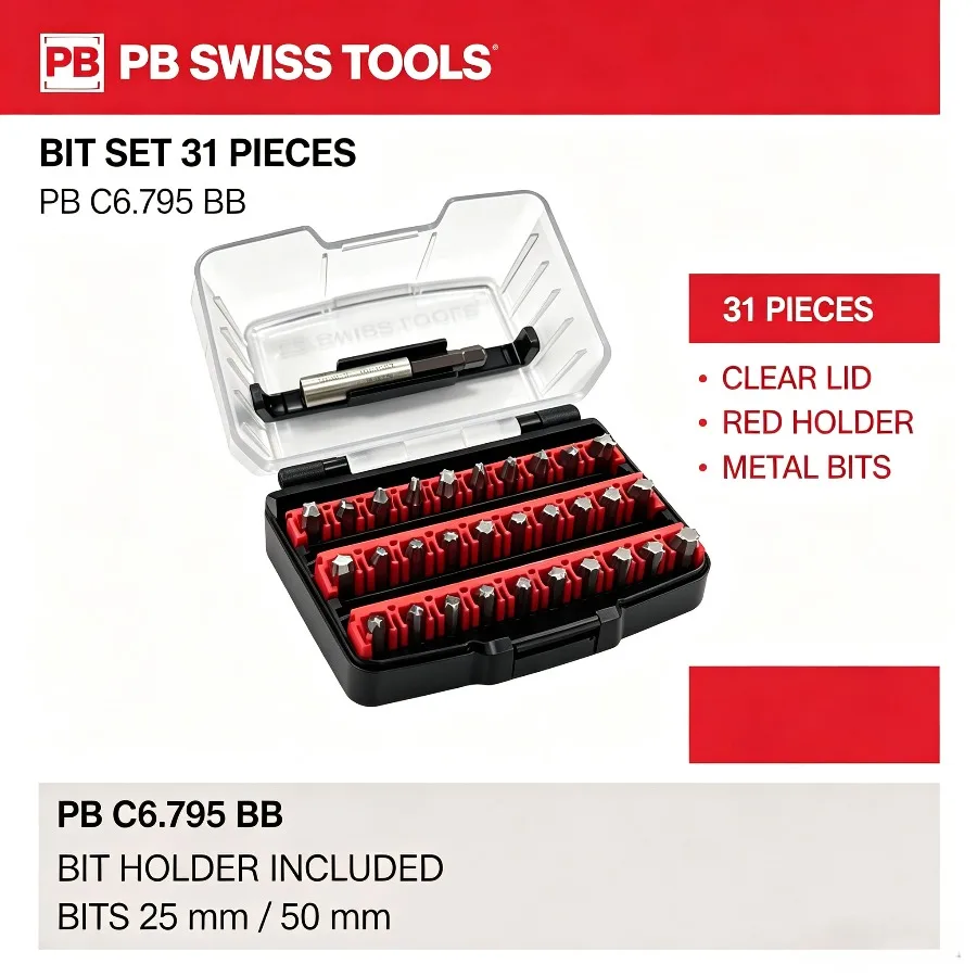 PB Swiss Tools PB C6.795 BB 30PCS PrecisionBits C6 Bit Set with Hard BitBox Storage Case