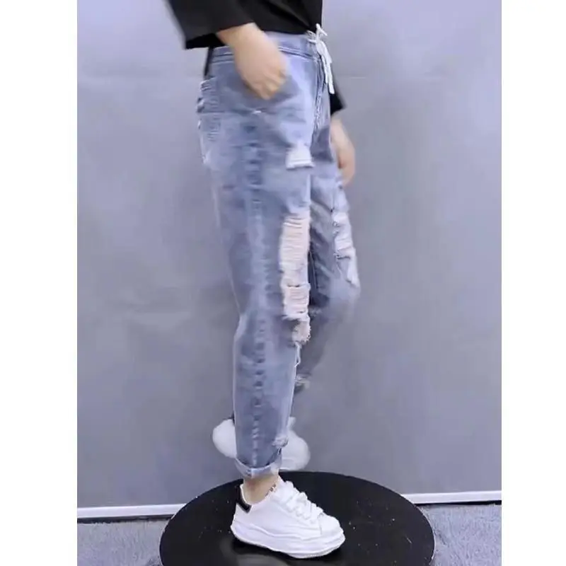 2023 New Distressed Loose Spring/Summer Elastic Jeans Women's Trendy High Waist Straight Leg Slim and Versatile Harlan Pants