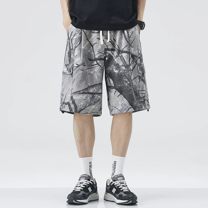 

Летние японские винтажные камуфляжные хлопковые льняные шорты-карго, мужские свободные американские повседневные шорты в четверть