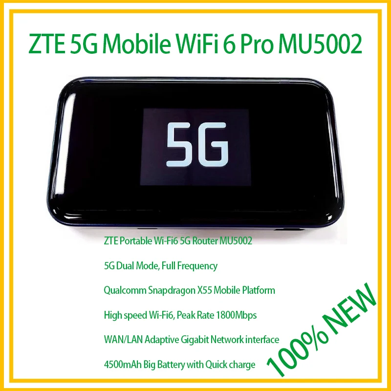 Unlocked ZTE 5G Mobile WiFi 6 Pro MU5002 SDX55 AX1800 5G Dual Mode Portable MiFi Router 4G LTE CAT20 WiFi Hotspot Modem Sim Card