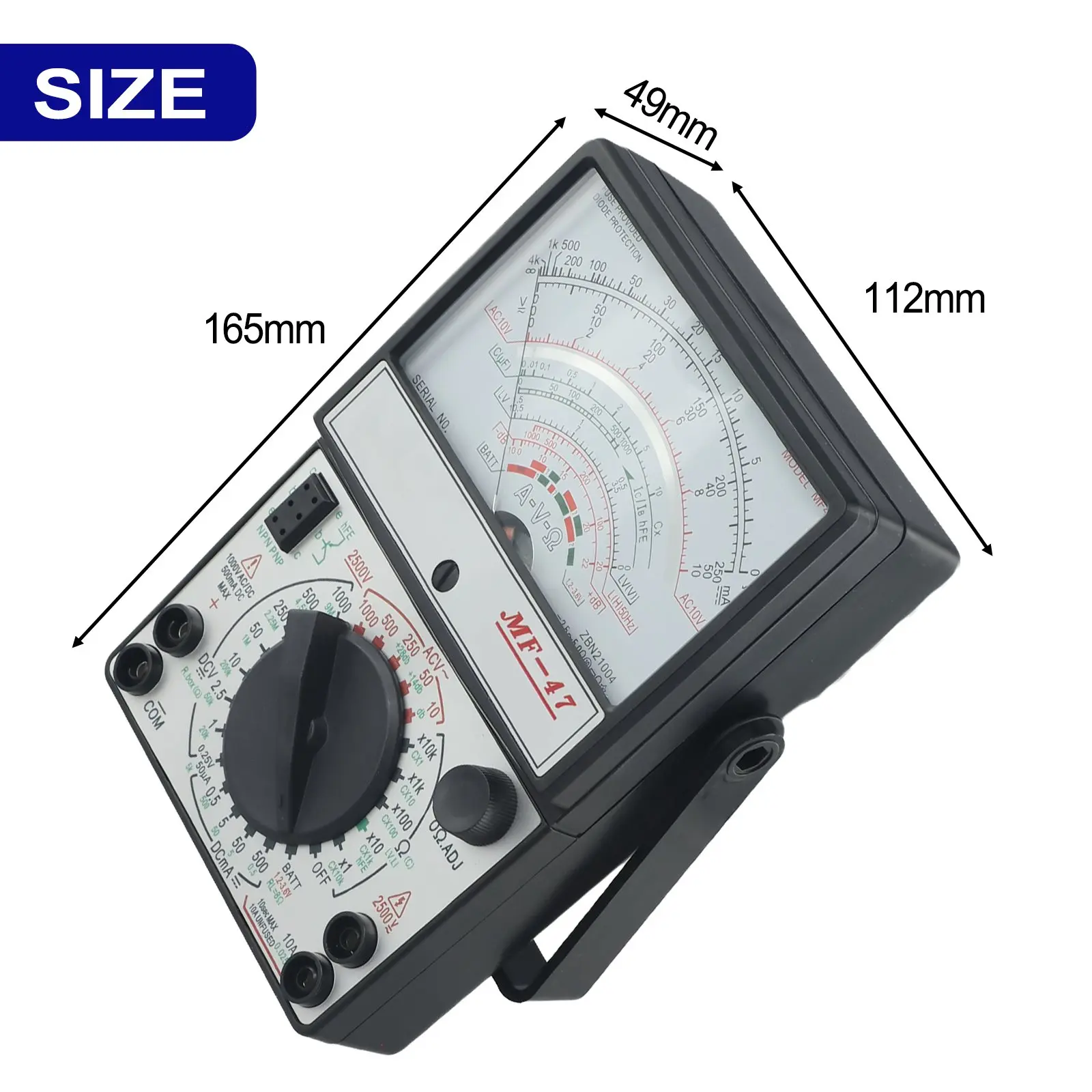 MF-47 Analog Multimeter for Testing Batteries Including 1.2V 1.5V 2V 3V 3.6V and Measuring Resistance from x1 to x10k Ohm