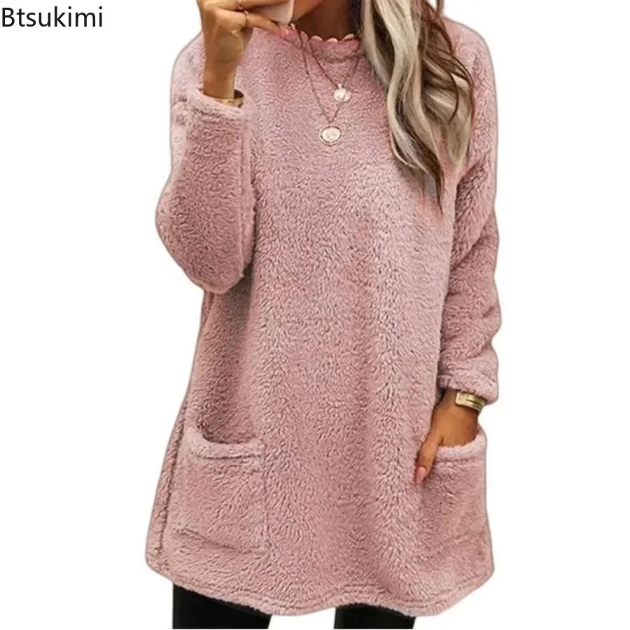 New 2026 Women\'s Half-high Collar Sweatshirts Autumn Winter Plush Warm Casual Pocket Tops Female Fleece Hoodies Thermal Sweaters