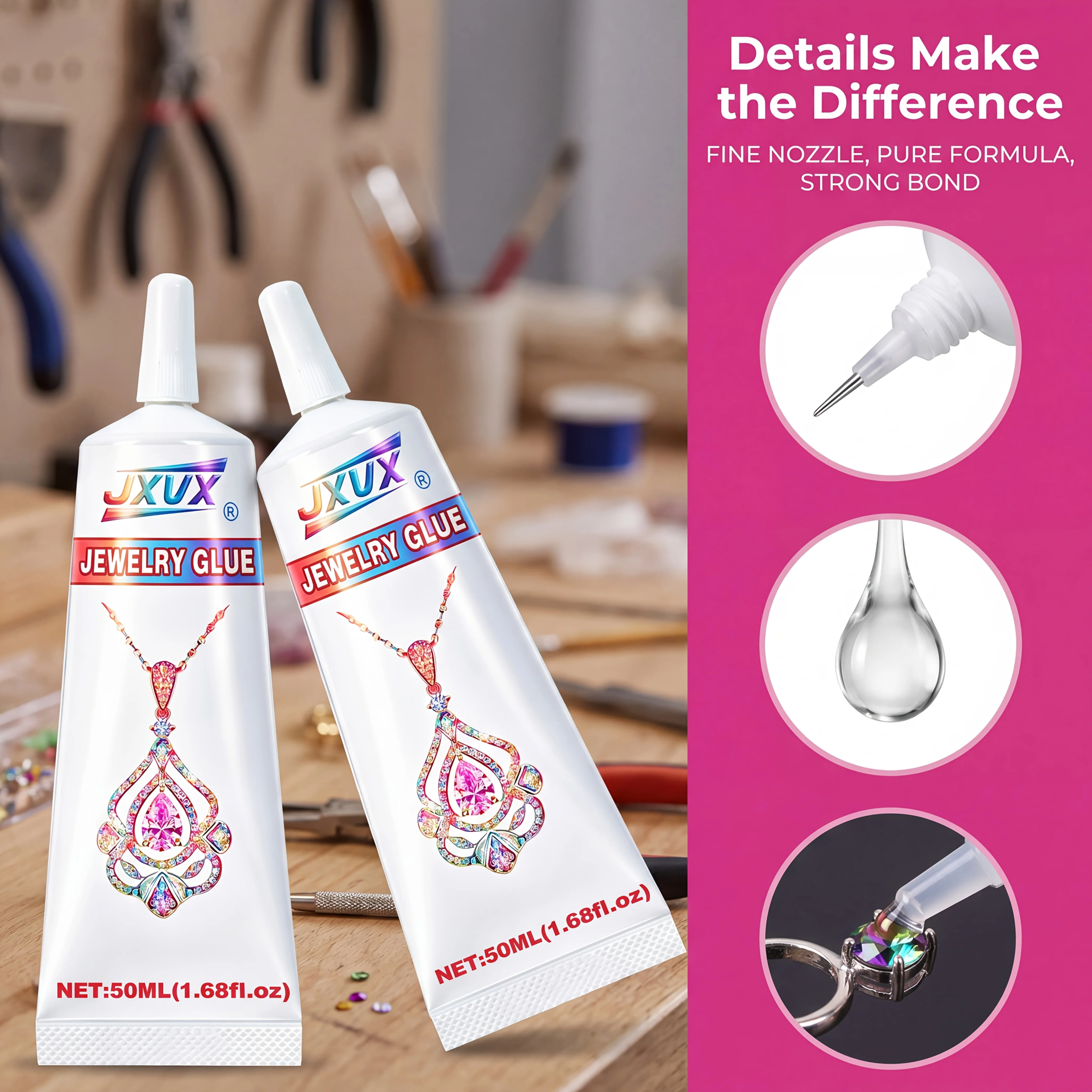 Pegamento para joyería B7000, JXVX 50 ml/1,68 fl oz. B-7000: adhesivo multiusos ultratransparente para strass, decoración de uñas y cristal