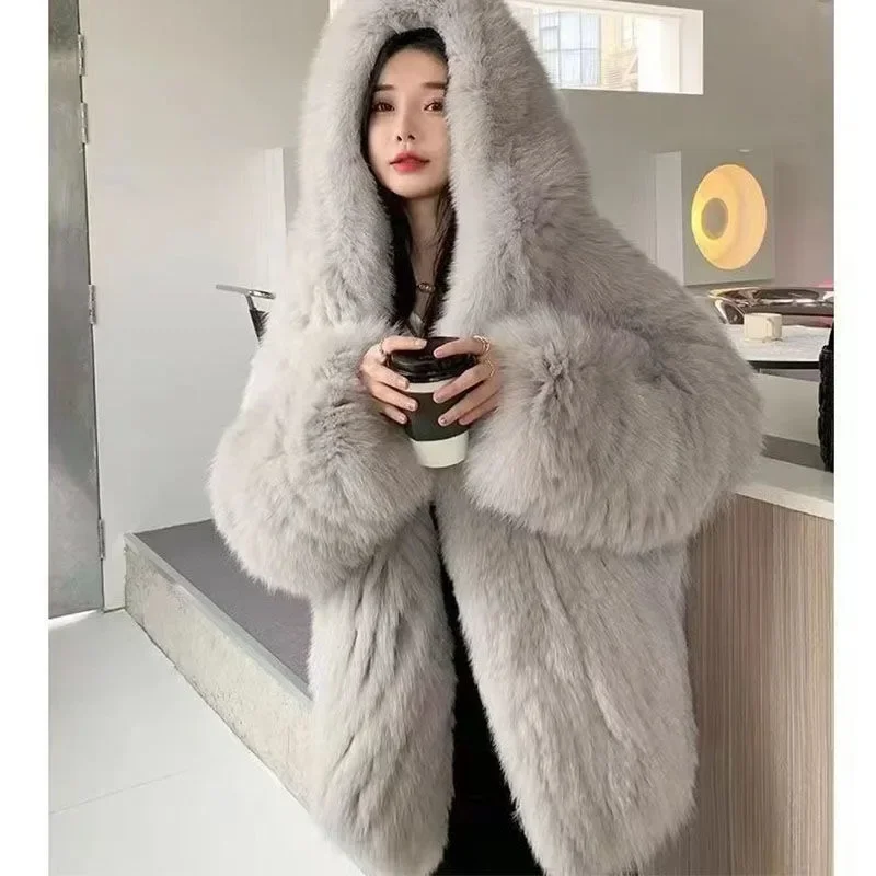 Faux Fox Fur Coat Genuine Rabbit Fur Coat for Women Long Knitted Jacket Real Fur Fashionable Outerwear Length Autumn and Winter