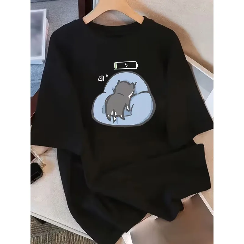 Funny Lazy Cat Low Battery Casual Short Sleeve Cute Cartoon Kitten T-Shirt Soft Loose Fit Crew Neck Top for Women Daily Wear
