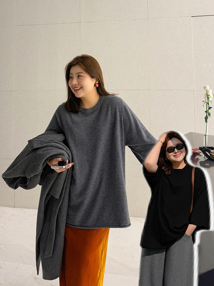 

plus Size Women's Knitted Wool Sweater Mid-Length Svel round Ne Relax Fit Casual Sle Wood Ideal Winter Faion