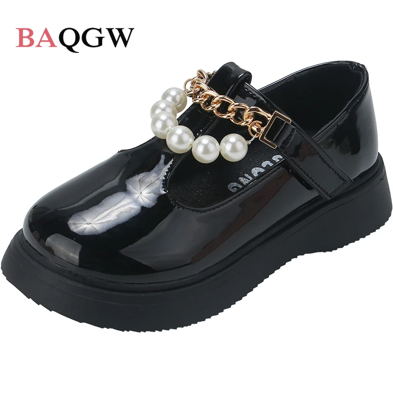 Children's Pearl Chiain Patchwork Leather Shoes for Girls Bow Soft Out Door Shoes Students School Party Flats Infant Size 26-36