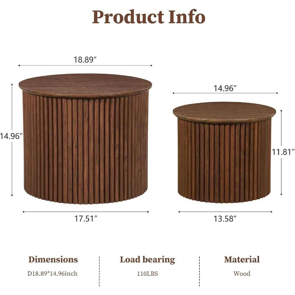 Set of 2 Wood Nesting Coffee Table Set Round, Fluted, Nesting Living Room, Bedroom, Small Spaces