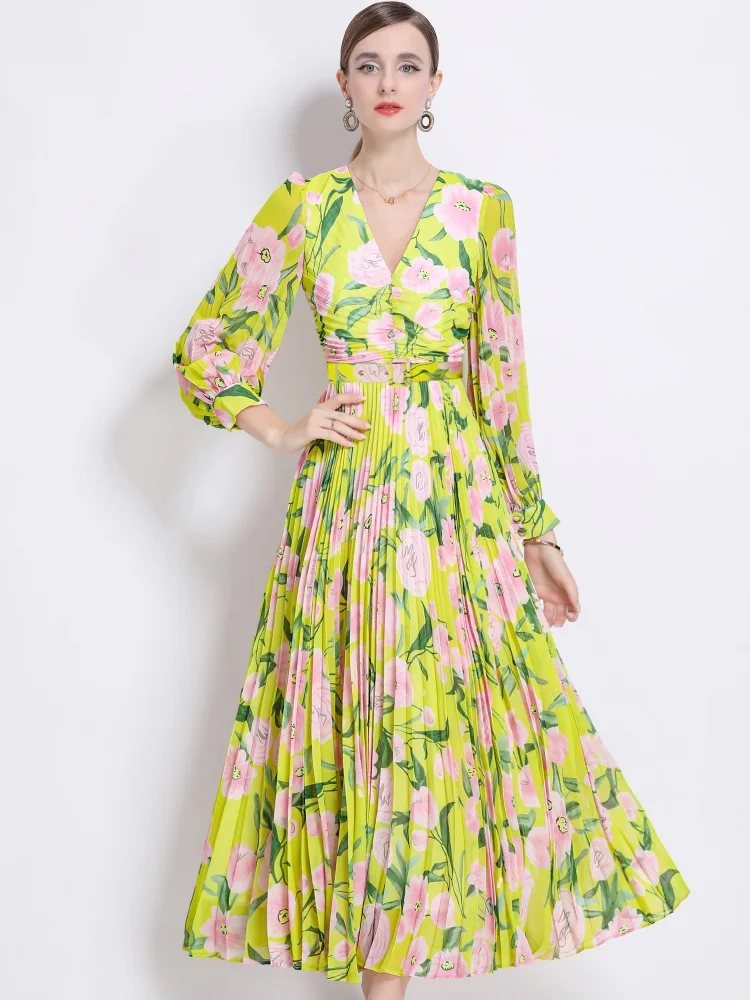 

SMTHMA French Holiday Floral Print Runway Dress For Women New Spring Sexy V Neck Full Sleeve Slim Pleated Long Dress With Belt
