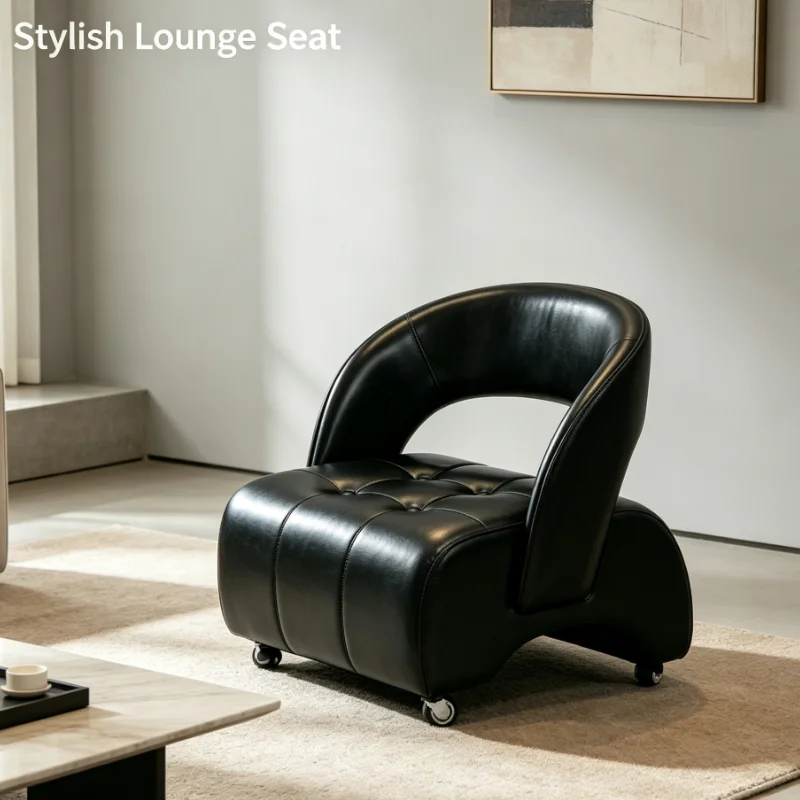 Leather Low Back Armchair With Wheels Tufted Seat Mobile Lounge Chair Living Room Bedroom Office Furniture Small Space