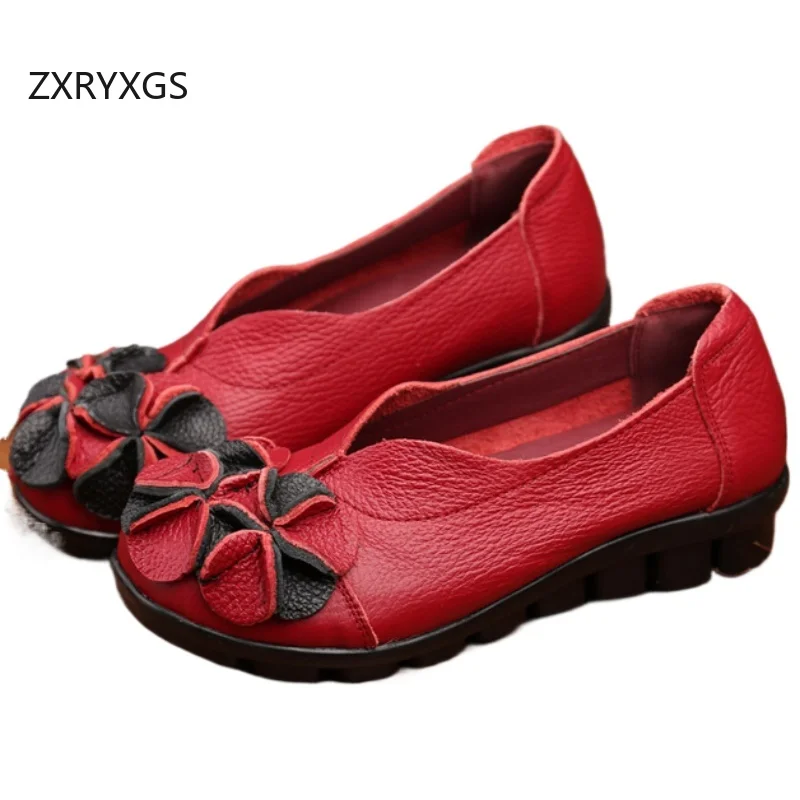 

ZXRYXGS Genuine Leather Classic Flowers Shoes Woman Flats 2025 New Elegant Comfortable Fashionable Shoes Flat Soft Sole Non-slip