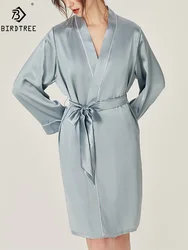 BirdTree, 19MM 100%Real Silk Simple Night-robe, Women VNeck Long Sleeve, Elegant Sexy Pajamas Robe, 2024 Summer Autumn P469124QM