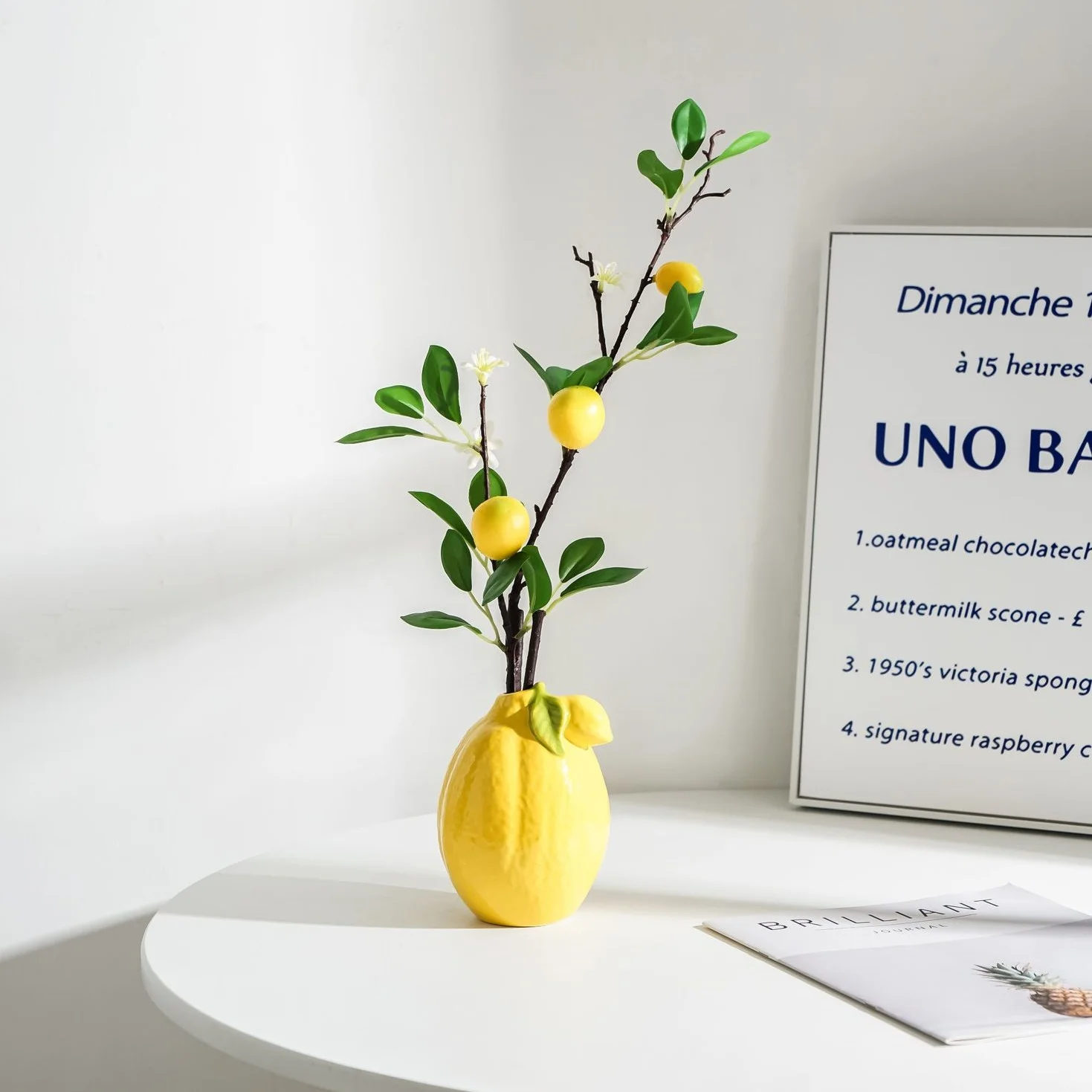 Lemon Vase Yellow Ceramic Tabletop Vase Holder with Fake Lemons Branch Yellow Artificial Lemon Kitchen Decor