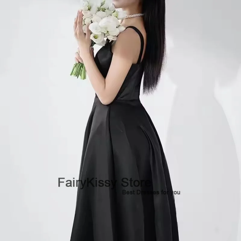 FairyKissy Maßgeschneiderte A-Linie Ballkleider Mode Spaghettiträger Langes Brautkleid Schwarz Satin Einfache Elegante Vestidos De Novia