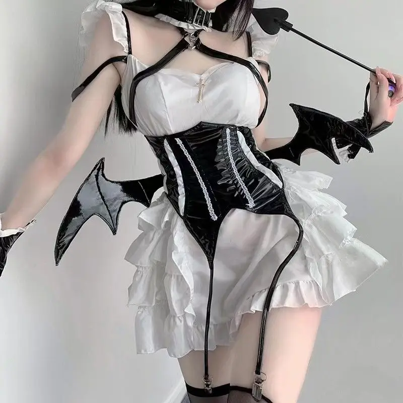 

Japan Anime Lolita Dress Women Halloween Devil Maid Unifrom Cosplay Costumes Sexy Backless Ruffles Fairy Party Mini Dresses