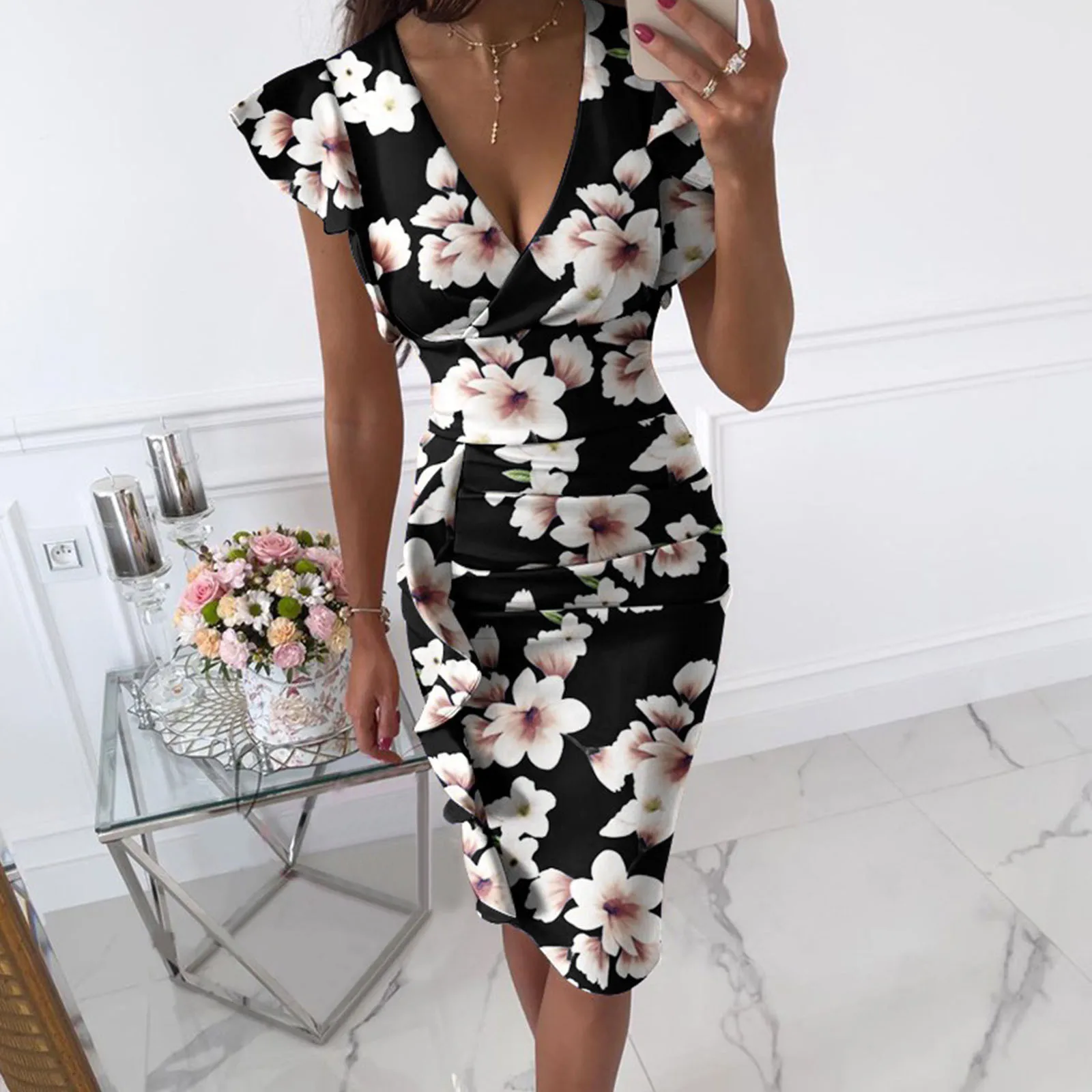 2023 New Fashion Dress Women's Clothing V-Neck Elegant Slim Print Pleated Ruffles Dresses Office Lady Package Hip Female Dress