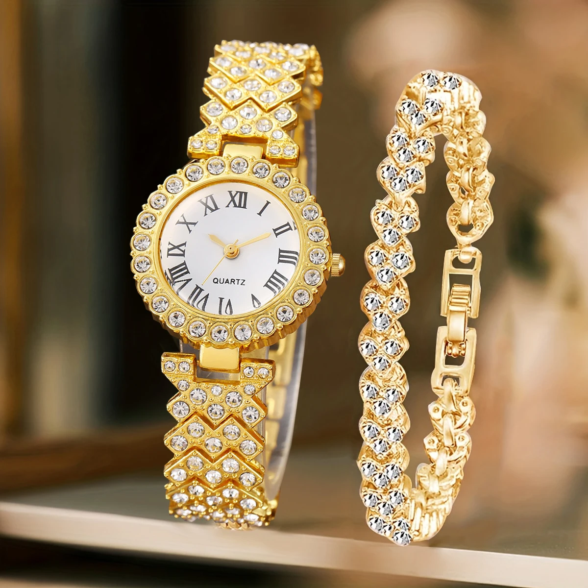 2PCS Fashion Rhinestone Women's Watch Bracelet Set Ladies Quartz Watches Reloj Mujer Girls Clock GiftWithout Box