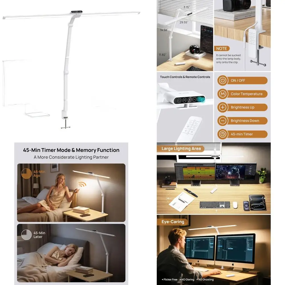 مصباح مكتبي بمشبك قابل للتعديل، طويل 29.55 مع جهاز تحكم عن بعد، سطوع 1500LM، تحكم باللمس للعناية بالعين في المكتب المنزلي، القراءة، و #1