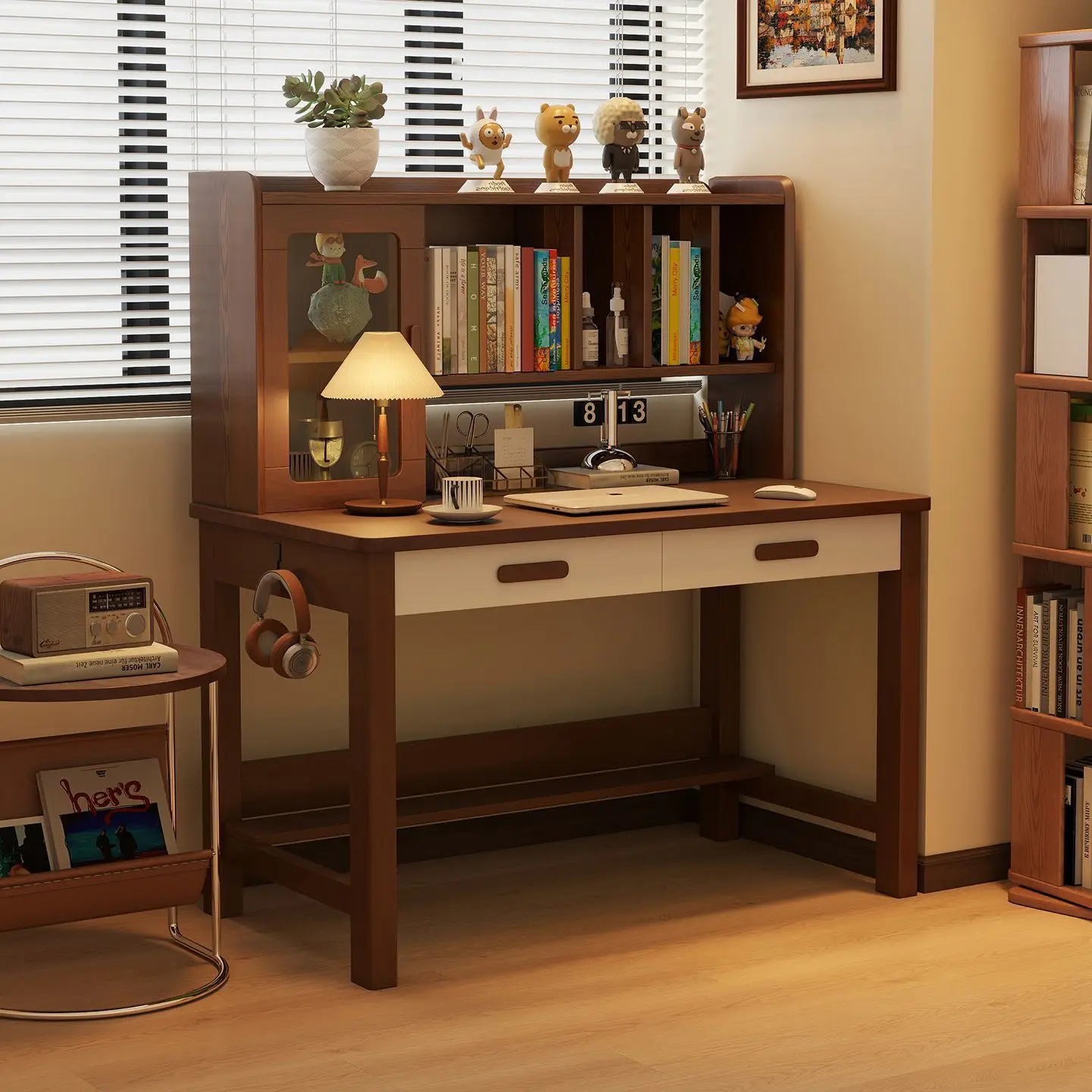 Solid wood desk bookshelf integrated study table primary and secondary school students writingtable bedroom household simple co