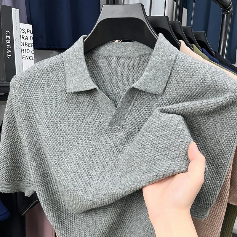 

Новая летняя футболка из чистого хлопка с короткими рукавами и узором ананаса для молодых мужчин, дышащая рубашка-поло с v-образным вырезом, вязаный повседневный топ