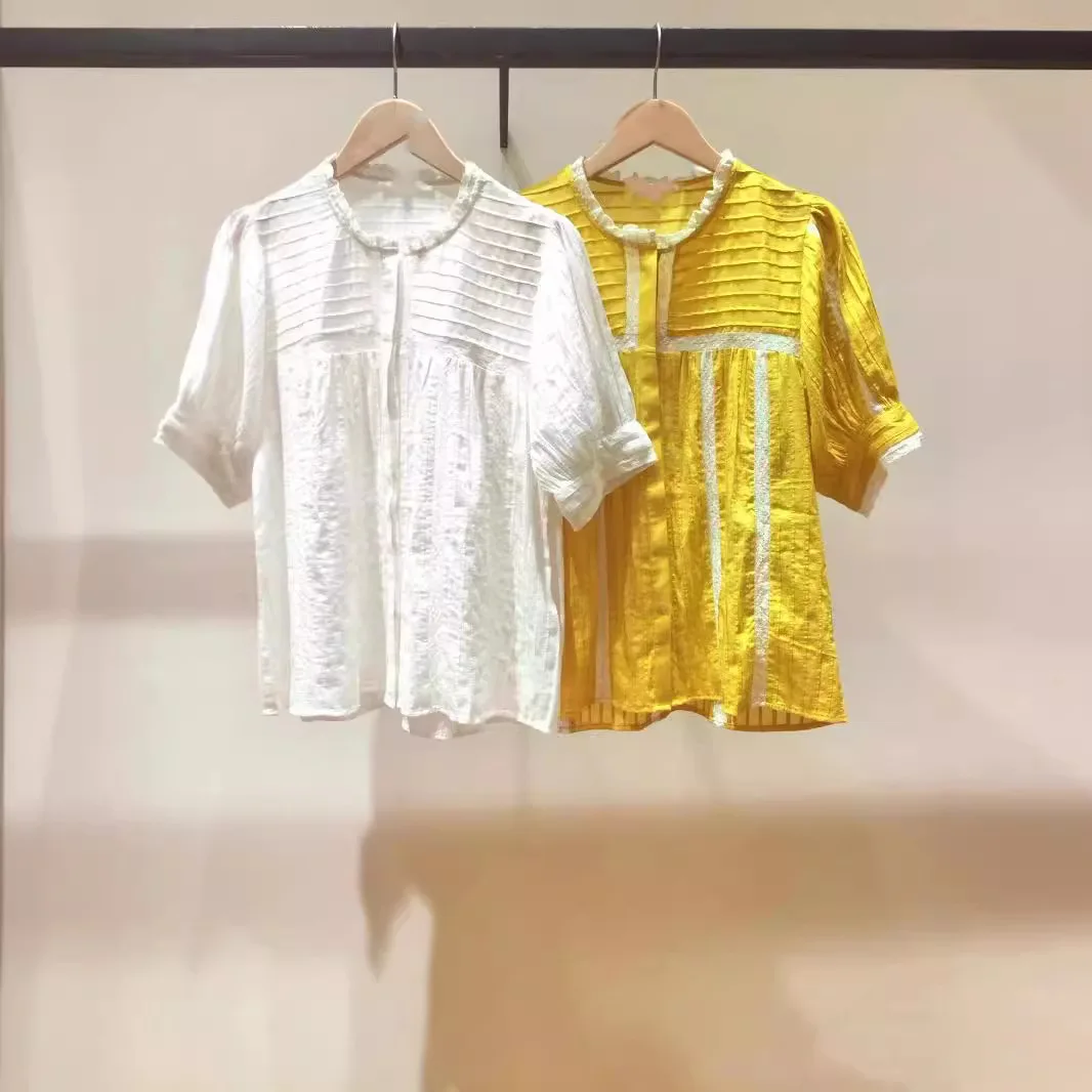 

Французская женская блузка с круглым вырезом, кружевной отделкой и коротким рукавом, в стиле пэчворк, Sweet Dopane, весна-лето, новинка, 100% хлопок