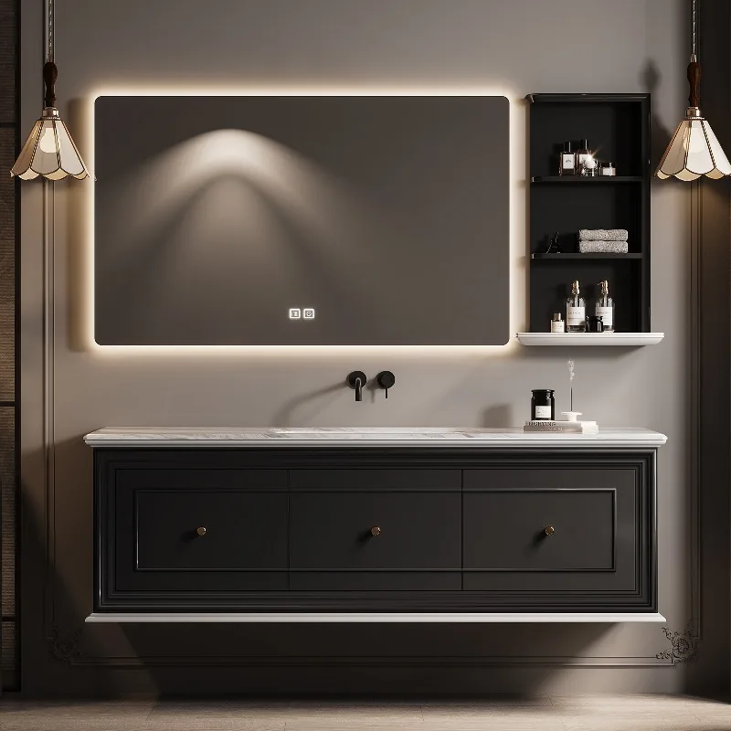 French Retro Bathroom Vanity Solid Wood Cabinet Smart Mirror Storage Hotel Villa Use Wall-Mounted Water Resistant Elegant Design