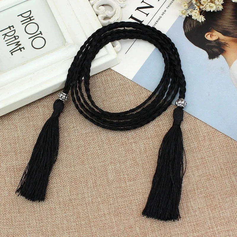 Fashion Women Braided Tassel Belt Thin Long Belt Female Boho Girls Thin Waist Rope Dress Decorated Waistband Chain Accessories