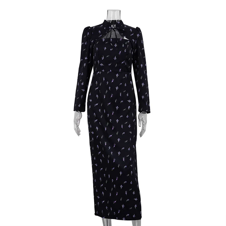 French Style Stand Collar Tie Printed Long Sleeve Dress for Women Elegant Waist-cinching Slit Bodycon office lady Long Party